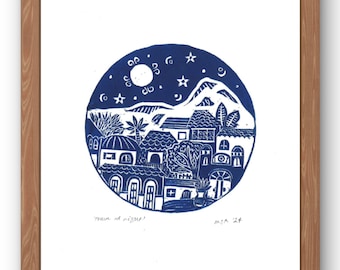 Blue Town at Night Lino Print: Circular Art Poster (Digital Download)