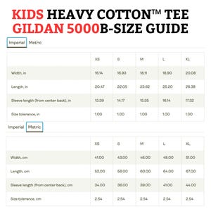 May include: Size chart for Gildan 5000B Kids Heavy Cotton Tee, showing measurements in inches and centimeters for sizes XS, S, M, L, and XL.