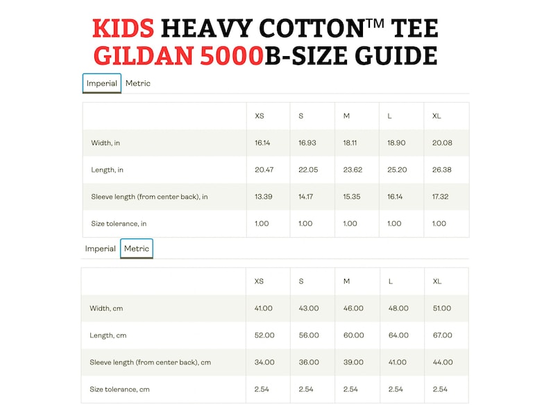 May include: Size chart for Gildan 5000B Kids Heavy Cotton Tee, showing measurements in inches and centimeters for sizes XS, S, M, L, and XL.