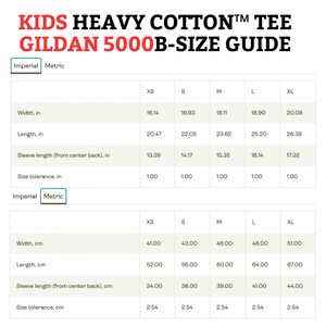Kids T-shirt size guide, Gildan heavy cotton, XS to XL, inches and cm.
