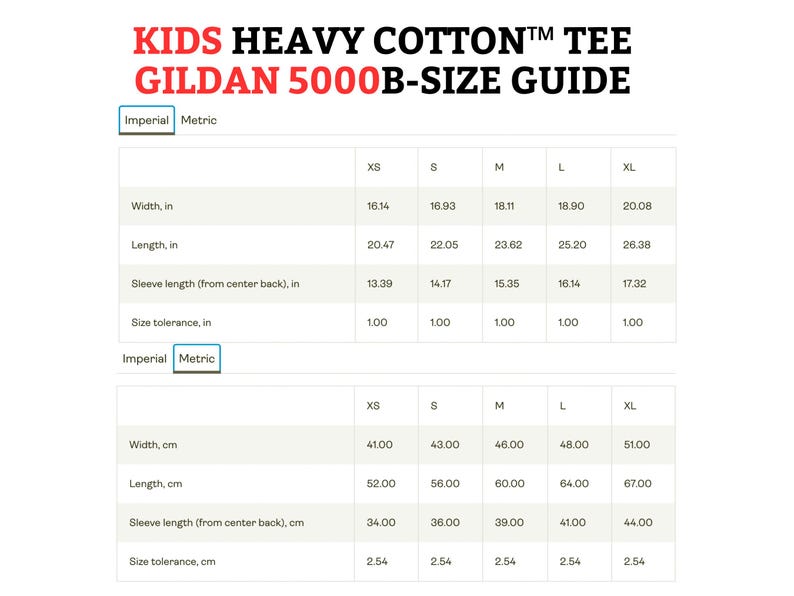 Kids T-shirt size guide, Gildan heavy cotton, XS to XL, inches and cm.
