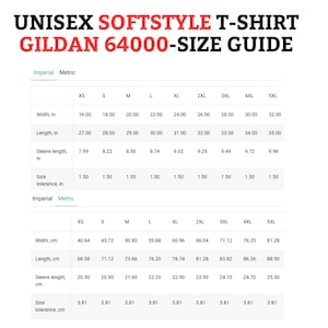 Gildan 64000 size chart for softstyle unisex T-shirt in imperial and metric metrics.
