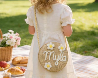 Custom Woven Straw Bag for Kids | Personalized Name, Lightweight, Natural Straw, For Outdoor Adventures, Beach & Park - Kid Accessory