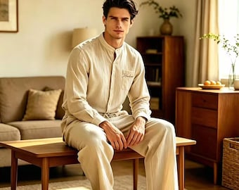 Ensemble deux pièces en lin brodé sur mesure pour homme : chemise à col mandarin et pantalon à taille élastique. Trois options de placement de la broderie : A/B/C.
