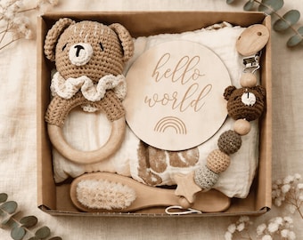 Personalized Newborn Gift Set,Handmade Crochet Baby Rattle Box,Custom Name Baby Shower Gift,Gender Neutral New Mom Gift,Baby Keepsake Box