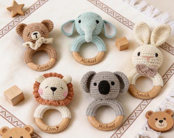 Personalized Crochet Animal Baby Rattle, Custom Name Newborn Gift, Soft Baby Shower Gift, Wooden Handheld Rattle for Infant Boys & Girls