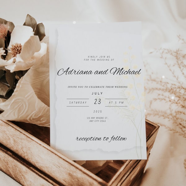 Yellow flower wedding invite  winter wedding invitation, minimalist design, suitable for spring and summer/ fall and winter weddings