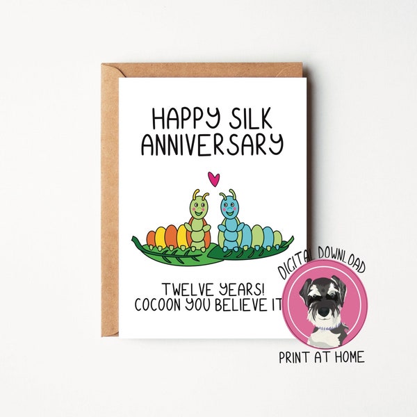 Instant downloadable 12th wedding anniversary card | Happy Silk anniversary digital file | 12th anniversary card for husband or wife