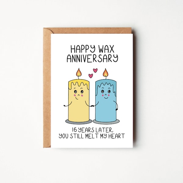 Wax anniversary card | 16th wedding anniversary card | 16th anniversary | 16th anniversary card for husband or for wife | Wax anniversary