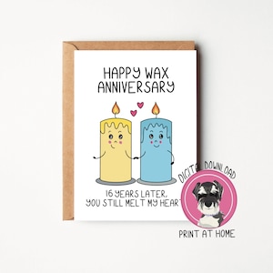 Tarjeta de aniversario de bodas número 16 descargable al instante / Archivo digital de feliz aniversario de cera / Tarjeta de aniversario número 16 para esposo o esposa