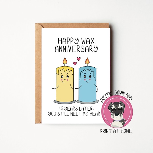 Instant downloadable 16th wedding anniversary card | Happy wax anniversary digital file | 16th anniversary card for husband or wife