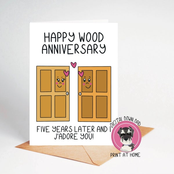 Instant downloadable 5th wedding anniversary card | Happy Wood anniversary digital file | 5th anniversary card for husband or wife