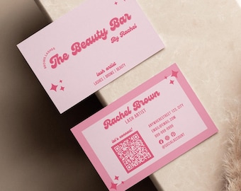 Retro Pink Business Card Template with QR Code (Canva Template)