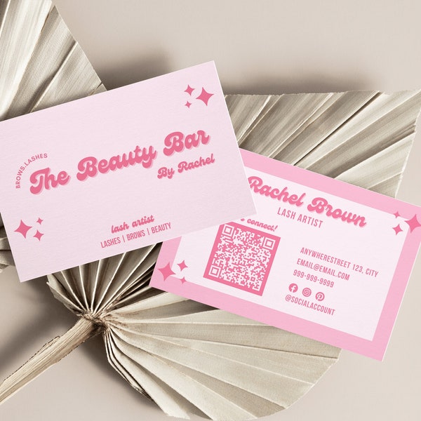 Retro pink business card template, QR Code Business Card, Scannable Card, unique retro business card, Canva template - Retro Pink