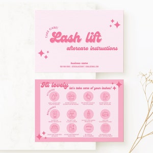 Plantilla de tarjeta de cuidados posteriores al lifting de pestañas en color rosa, cuidado posterior al lifting de pestañas, tarjeta de cuidados posteriores a la técnica de pestañas, tarjeta de cuidados posteriores editable, plantilla de Canva - Retro pink
