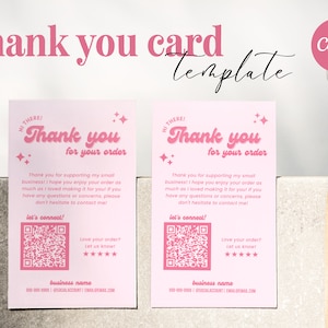 Retro roze verticale bedankkaartsjabloon met QR-code, perfect voor elk klein bedrijf. Canva-sjabloon, bewerkbaar, afdrukbaar - retro roze