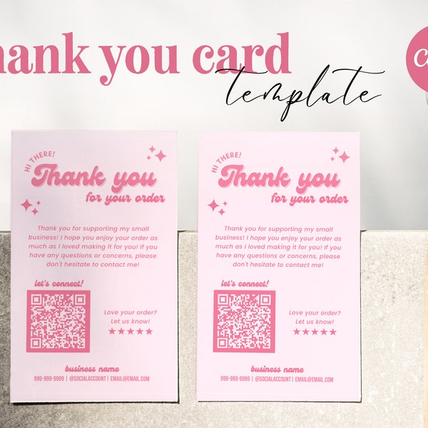 Modèle de carte de remerciement verticale rose rétro avec code QR parfait pour toutes les petites entreprises l Modèle Canva, modifiable, imprimable - rose rétro