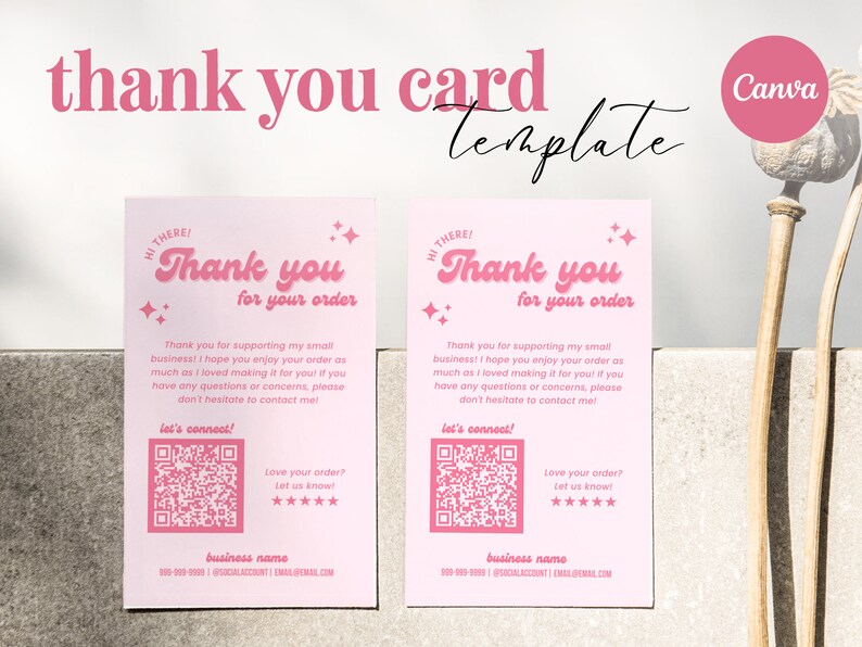 Retro Pink Thank You Card Template With QR Code (canva Editable ...