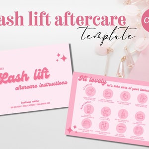 Sjabloon roze nazorgkaart wimperlifting, nazorgkaart wimperlifting, nazorgkaart wimper tech, kaart bewerkbare nazorgkaart, Canva-sjabloon - retroroze
