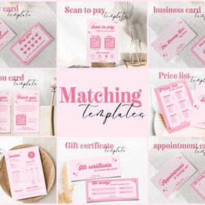 K&ouml;nnte beinhalten: Eine Sammlung von pinken und wei&szlig;en Visitenkartenvorlagen mit verschiedenen Designs, darunter Treuekarten, Scan-to-Pay-Karten, Dankeskarten, Preislisten, Geschenkgutscheine und Terminvereinbarungskarten. Die Vorlagen zeichnen sich durch ein pink-wei&szlig;es Farbschema mit einem Stern- und Herzdesign aus.