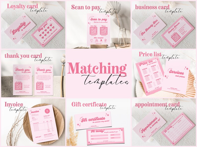 K&ouml;nnte beinhalten: Eine Sammlung von pinken und wei&szlig;en Visitenkartenvorlagen mit verschiedenen Designs, darunter Treuekarten, Scan-to-Pay-Karten, Dankeskarten, Preislisten, Geschenkgutscheine und Terminvereinbarungskarten. Die Vorlagen zeichnen sich durch ein pink-wei&szlig;es Farbschema mit einem Stern- und Herzdesign aus.