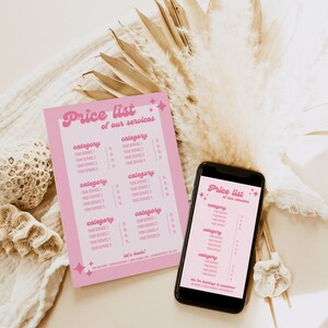 K&ouml;nnte beinhalten: Eine rosa Preisliste f&uuml;r Dienstleistungen mit einem rosa und wei&szlig;en Sternendesign. Die Liste tr&auml;gt den Titel "Price list of our services" und enth&auml;lt eine Kategorie f&uuml;r jede Dienstleistung mit einem daneben aufgef&uuml;hrten Preis. Die Liste liegt auf einem Tisch mit einem Telefon, das eine &auml;hnliche Preisliste anzeigt.