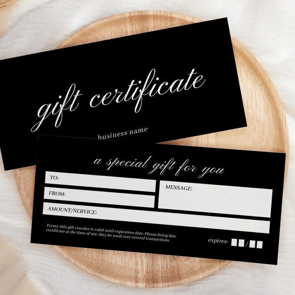 Black gift voucher template, black gift card template, elegant black gift certificate template, small business gift certificate - BlackB