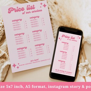 K&ouml;nnte beinhalten: Eine rosa und wei&szlig;e Preisliste f&uuml;r Dienstleistungen. Die Vorlage hat eine Retro-Schriftart im Stil der 70er Jahre und enth&auml;lt den Text "Preisliste unserer Dienstleistungen". Die Vorlage ist f&uuml;r die Verwendung in sozialen Medien konzipiert, mit einer Gr&ouml;&szlig;e von 5x7 Zoll und im A5-Format.