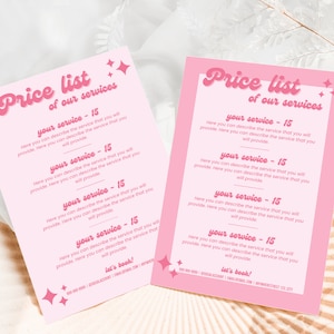 K&ouml;nnte beinhalten: Rosa-wei&szlig;er Preislisten-Flyer mit dem Text "Price list of our services" und einer Liste von Dienstleistungen mit dem Preis "15" f&uuml;r jede. Der Flyer hat ein rosa-wei&szlig;es Sternendesign.