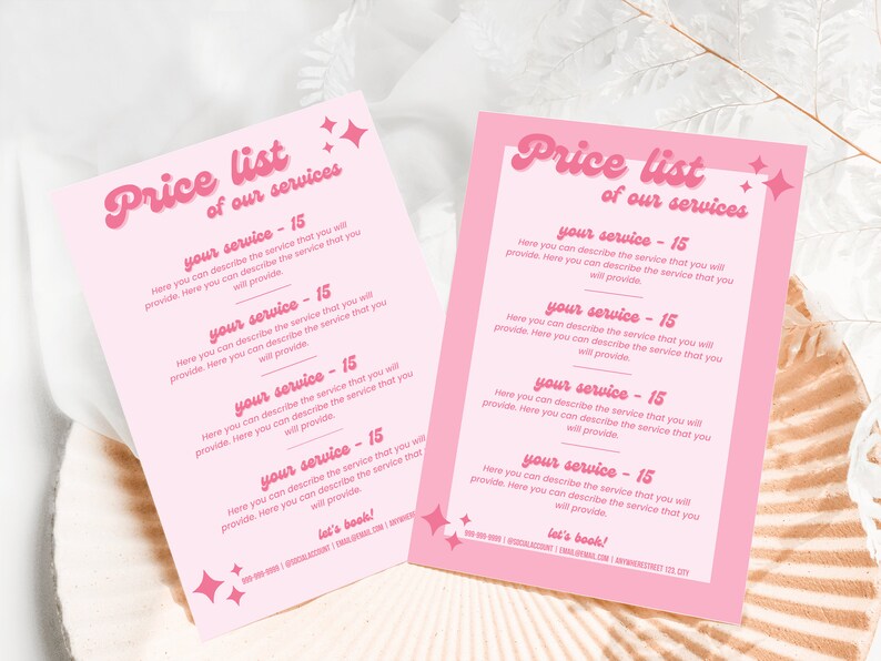 K&ouml;nnte beinhalten: Rosa-wei&szlig;er Preislisten-Flyer mit dem Text "Price list of our services" und einer Liste von Dienstleistungen mit dem Preis "15" f&uuml;r jede. Der Flyer hat ein rosa-wei&szlig;es Sternendesign.