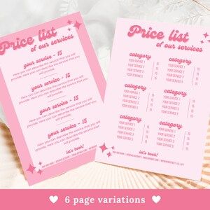 K&ouml;nnte beinhalten: Rosa-wei&szlig;e Preisliste-Vorlage mit dem Text "Price list of our services" in einer Retro-Schriftart. Die Vorlage enth&auml;lt einen Abschnitt zum Auflisten von Dienstleistungen und Preisen. Der Text "Let's book!" befindet sich am unteren Rand der Vorlage.