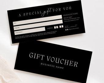 Black gift certificate template, black voucher template, elegant gift certificate, gift voucher template, elegant gift vouchers, Canva - BV