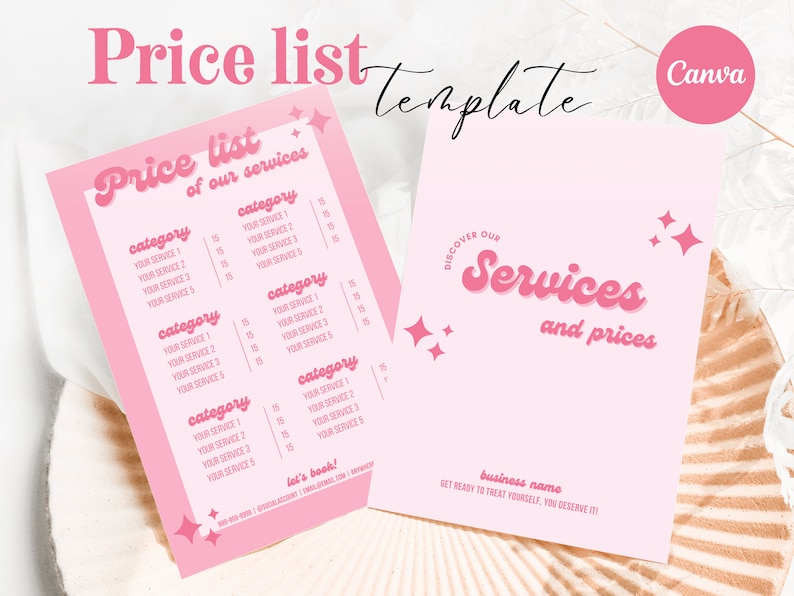 K&ouml;nnte beinhalten: Rosa-wei&szlig;es Preisliste-Template mit dem Text "Price list of our services" und "Discover our Services and prices". Das Template hat einen rosa Hintergrund mit wei&szlig;en Sternen und der Text ist in einer rosa Retro-Schrift.
