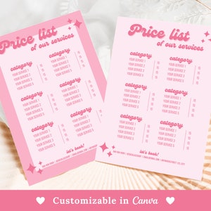K&ouml;nnte beinhalten: Rosa Preisliste-Vorlage mit dem Text "Price list of our services" in einer Retro-Schriftart. Die Vorlage ist in Kategorien unterteilt mit einer Liste von Dienstleistungen und Preisen. Die Vorlage enth&auml;lt den Text "let's book!" und Kontaktinformationen.
