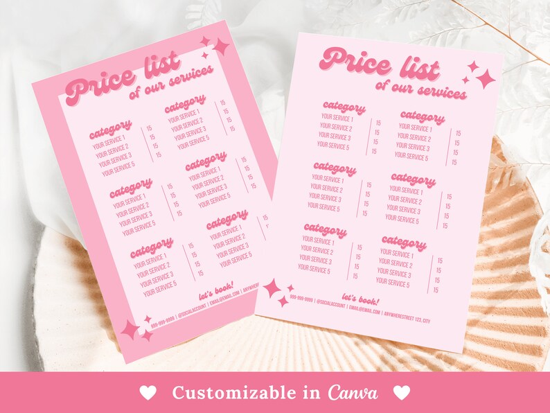 K&ouml;nnte beinhalten: Rosa Preisliste-Vorlage mit dem Text "Price list of our services" in einer Retro-Schriftart. Die Vorlage ist in Kategorien unterteilt mit einer Liste von Dienstleistungen und Preisen. Die Vorlage enth&auml;lt den Text "let's book!" und Kontaktinformationen.