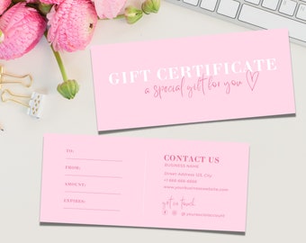 Pink gift certificate template, voucher template pink, girly gift certificate, gift voucher template, pink gift vouchers, gift certificates