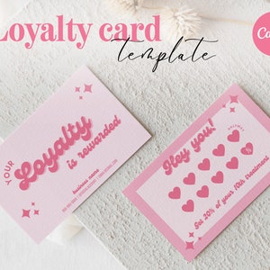 Carte de fidélité rétro, modèle de carte de fidélité rose, carte de fidélité client, carte de visite unique l modèle Canva, téléchargement immédiat - rose rétro