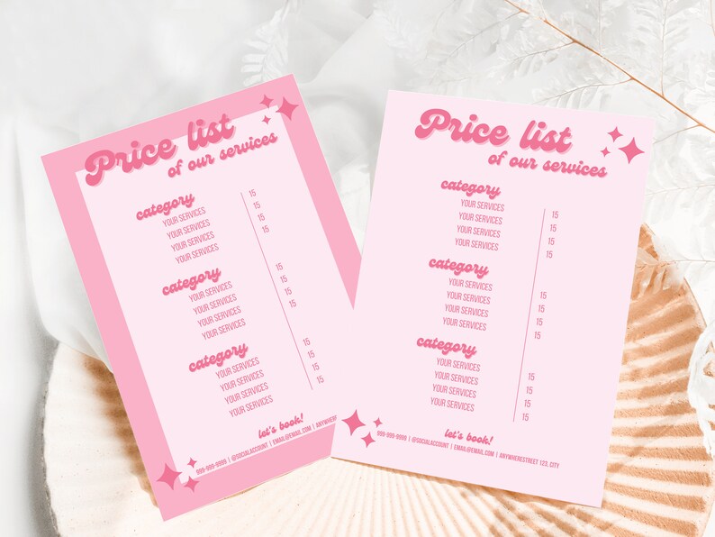 K&ouml;nnte beinhalten: Rosa Preisliste mit Retro-Schrift f&uuml;r Dienstleistungen. Die Liste enth&auml;lt Kategorien und Preise f&uuml;r jede Dienstleistung. Der Text lautet "Preisliste unserer Dienstleistungen" und "Lass uns buchen!"