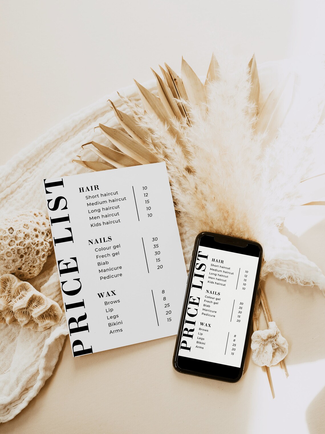 Minimal Price List Template, Modern Price List Template, Salon Service