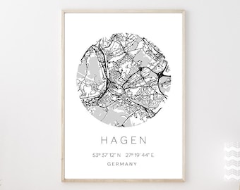 Poster HAGEN STADTPLAN mit Koordinaten | Heimatstadt | Stadtposter | Personalisiert | Map | Karte Geschenk | Kunstdruck | Umzug Einzug