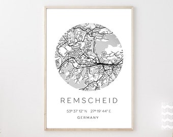 Poster REMSCHEID STADTPLAN mit Koordinaten | Heimatstadt | Stadtposter | Personalisiert | Map | Karte Geschenk | Kunstdruck | Umzug Einzug