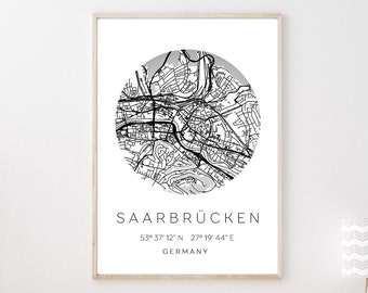 Poster SAARBRÜCKEN STADTPLAN mit Koordinaten | Heimatstadt | Stadtposter | Personalisiert | Map | Karte Geschenk | Kunstdruck | Umzug Einzug