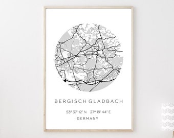 Poster BERGISCH GLADBACH STADTPLAN mit Koordinaten | Heimatstadt | Stadtposter | Personalisiert | Map | Karte Geschenk | Kunstdruck | Einzug