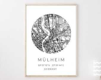 Poster MÜLHEIM STADTPLAN mit Koordinaten | Heimatstadt | Stadtposter | Personalisiert | Map | Karte Geschenk | Kunstdruck | Umzug Einzug