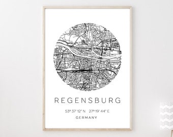 Poster REGENSBURG STADTPLAN mit Koordinaten | Heimatstadt | Stadtposter | Personalisiert | Map | Karte Geschenk | Kunstdruck | Umzug Einzug