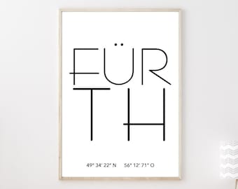 Poster FÜRTH mit Koordinaten | Heimatstadt | Stadtposter | Personalisiert | Stadt Geschenk | Kunstdruck | Umzug Einzug | Heimat | Zuhause