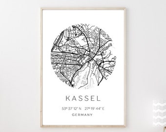 Poster KASSEL STADTPLAN mit Koordinaten | Heimatstadt | Stadtposter | Personalisiert | Map | Karte Geschenk | Kunstdruck | Umzug Einzug