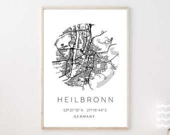 Poster HEILBRONN STADTPLAN mit Koordinaten | Heimatstadt | Stadtposter | Personalisiert | Map | Karte Geschenk | Kunstdruck | Umzug Einzug
