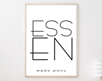 Poster ESSEN mit Koordinaten | Heimatstadt | Stadtposter | Personalisiert | Stadt Geschenk | Kunstdruck | Umzug Einzug | Heimat | Zuhause