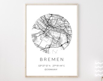 Poster BREMEN STADTPLAN mit Koordinaten | Heimatstadt | Stadtposter | Personalisiert | Map | Karte Geschenk | Kunstdruck | Umzug Einzug